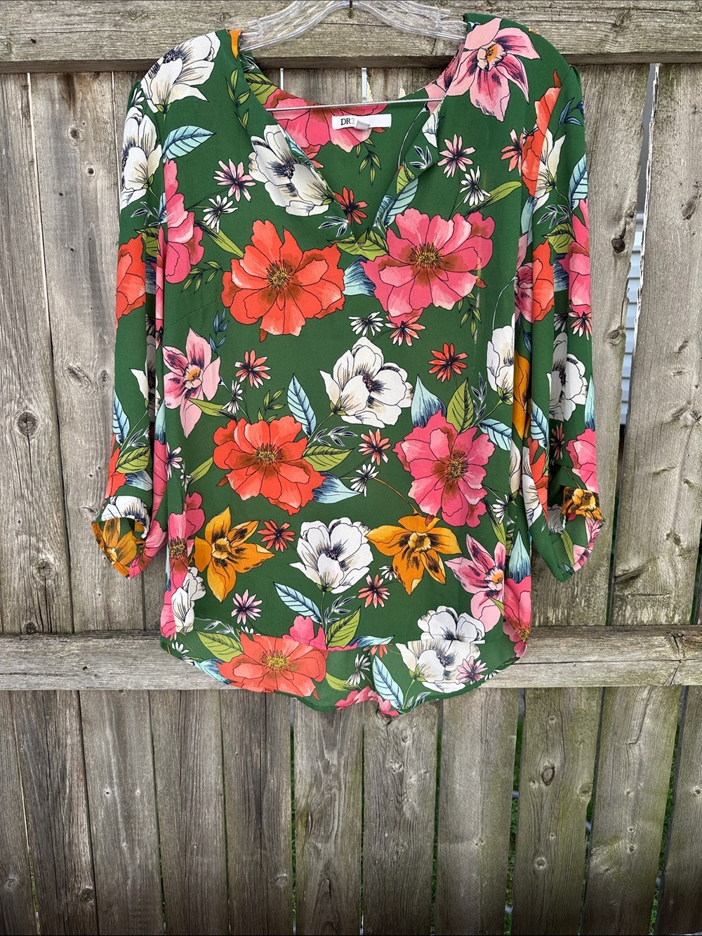 DR2 Green Floral V-Neck Blouse with Pink, White, & Orange Blooms